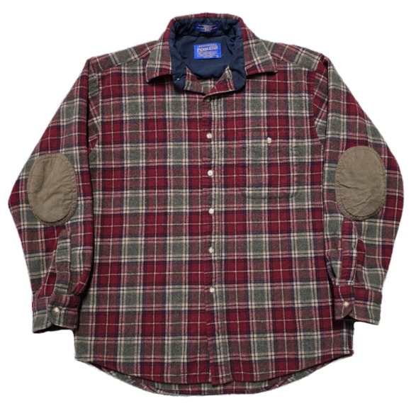 Pendleton Red Green Brown Plaid Virgin Wool Flannel Shirt Elbow Patch Mens M - Picture 1 of 16
